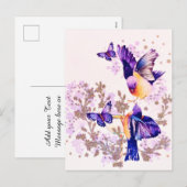 Watercolor Vogels Bloemig Paars Glitter Feestdagenkaart (Voorkant / Achterkant)