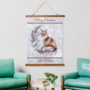 Watercolor vos en sneeuw gepersonaliseerde feestda hangend wandkleed