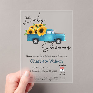Watercolor vrachtwagen met zonnebloem baby shower acryl uitnodigingen