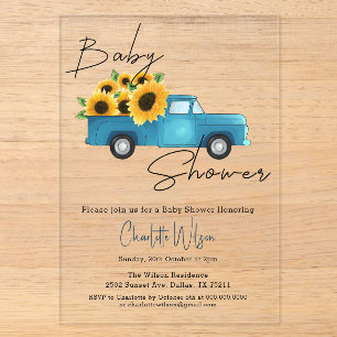 Watercolor Vrachtwagen met Zonnebloemen Baby Showe Acryl Uitnodigingen
