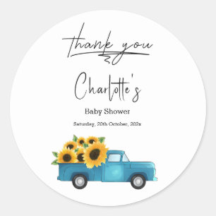 Watercolor Vrachtwagen Met Zonnebloemen Baby Showe Ronde Sticker