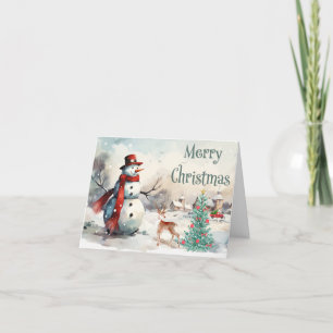 Watercolor vrolijk kerstmis sneeuwman  feestdagen kaart