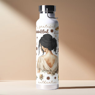 Watercolor Vrouw Met Zwarte Haren Boho Affirmatie Waterfles