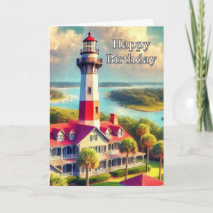 Watercolor Vuurtoren Gelukkige Verjaardag Groet Kaart