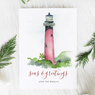 Watercolor Vuurtoren Strand Kerstkaart