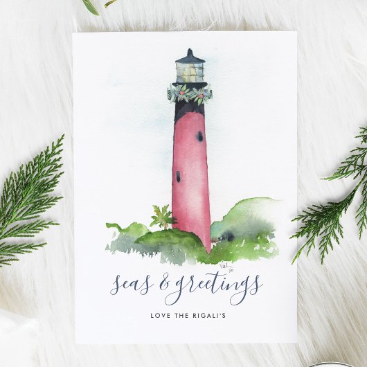 Watercolor Vuurtoren Strand Kerstkaart