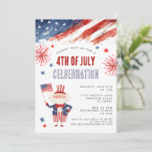 Watercolor Vuurwerk Vier Juli BBQ Uitnodiging (Staand voorkant)