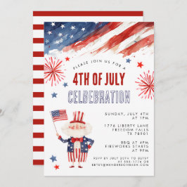 Watercolor Vuurwerk Vier Juli BBQ Uitnodiging