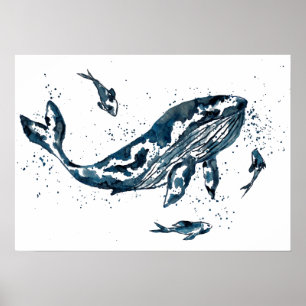 Watercolor Walvis in Blauwe Poster