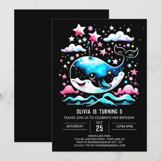 Watercolor Walvis Roze Verjaardag Bewerkbaar Kaart (Voorkant / Achterkant)