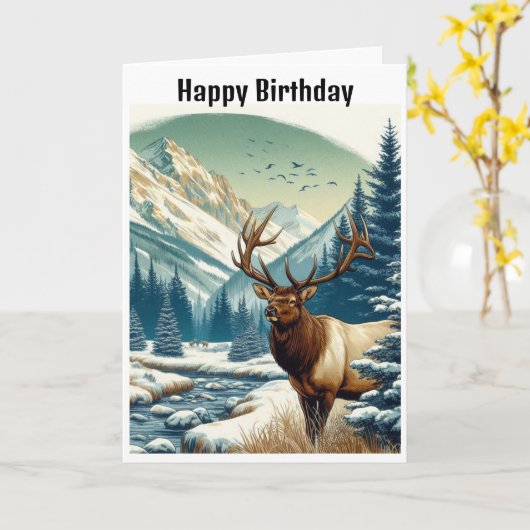 Watercolor Wapiti Hert Rocky Mountains Verjaardag Kaart (Gele Bloem)