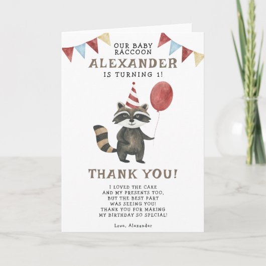 Watercolor Wasbeer 1e Verjaardag  Bedankkaart (Voorkant)