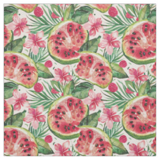 Watercolor Watermeloen & Tropische Bloemen Patroon Stof