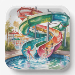 Watercolor Waterslide Kids Birthday Party Papieren Bordje