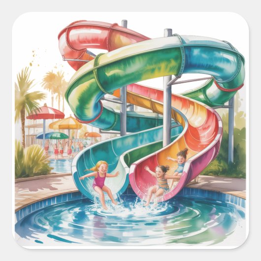 Watercolor Waterslide Kids Birthday Party Vierkante Sticker (Voorkant)