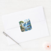 Watercolor Waterval Victoria Herfsten Natuur Vierkante Sticker (Envelop)
