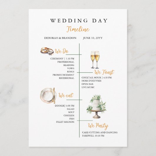 Watercolor Wedding day Timeline Flat Program Programmakaart (Voorkant)