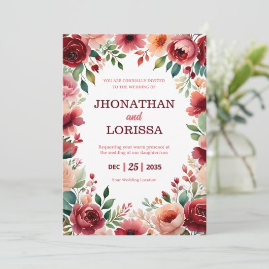 Watercolor Wedding Invitation Burgundy Floral Kaart (Staand voorkant)