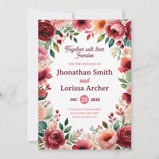 Watercolor Wedding Invitation Burgundy Floral Kaart (Achterkant)