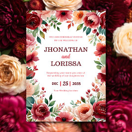 Watercolor Wedding Invitation Burgundy Floral Kaart