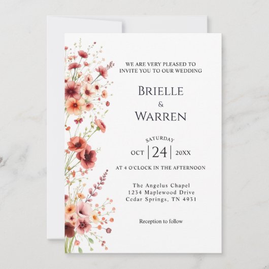 Watercolor Wedding Invitation with Wild Flowers Kaart (Voorkant)
