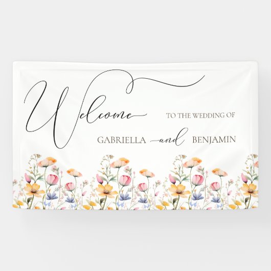 Watercolor Weide Wilde Bloem Bruiloft Welkom Spandoek (Horizontaal)