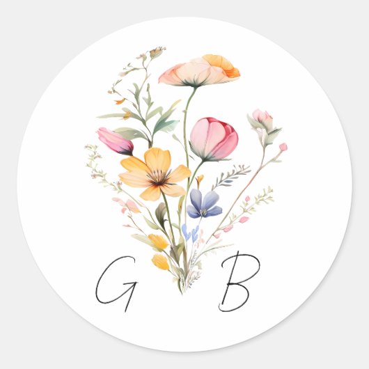Watercolor Weide Wilde Bloem Monogram Bruiloft Ronde Sticker (Voorkant)