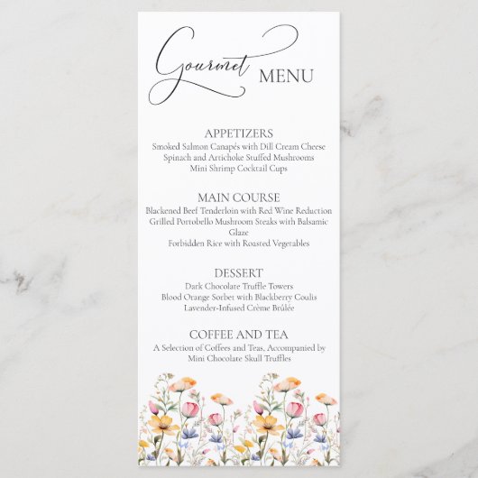 Watercolor Weide Wilde Bloemen Bruiloft Gourmet Me Menu (Voorkant)