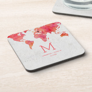 Watercolor Wereldkaart Bestemming Trouw Monogram Bier Onderzetter