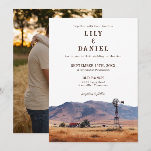 Watercolor Western Mountain Ranch Photo Wedding Kaart (Voorkant / Achterkant)