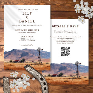 Watercolor Western Mountain Ranch QR Code Huwelijk Kaart