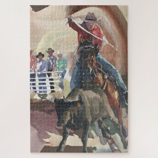 Watercolor Western Rodeo Cowboy Bull Roping Legpuzzel (Verticaal)