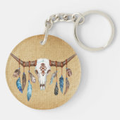 Watercolor Westerse Schedel met Veren Sleutelhanger (Achterkant)