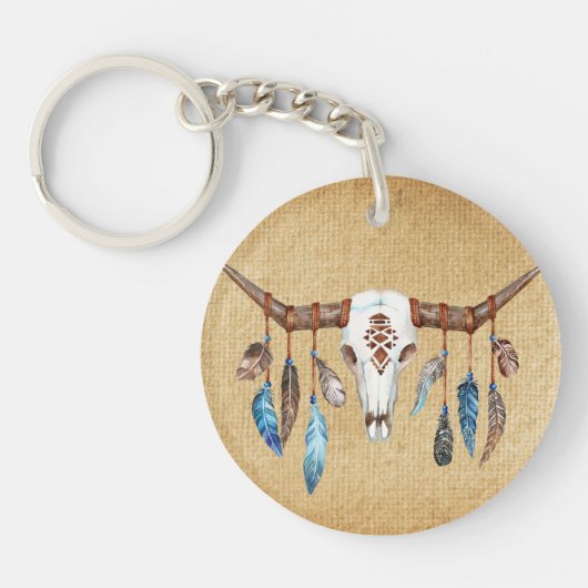 Watercolor Westerse Schedel met Veren Sleutelhanger (Voorkant)
