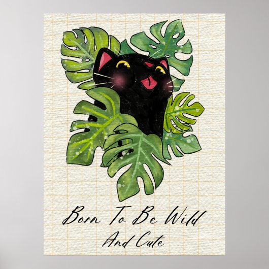 Watercolor Whimsical Black Cat And Monstera Leaves Poster (Voorkant)