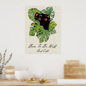 Watercolor Whimsical Black Cat And Monstera Leaves Poster (Keuken)