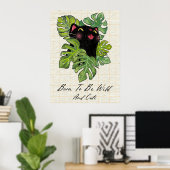 Watercolor Whimsical Black Cat And Monstera Leaves Poster (Thuiskantoor)