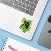 Watercolor Whimsical Black Cat And Monstera Leaves Sticker (Laptop met iPhone)