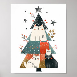 Watercolor Whimsical Katten Kerstboom Poster