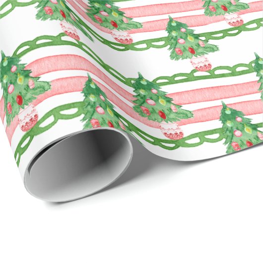 Watercolor Whimsical Striped Christmas Trees Cadeaupapier (Rol Hoek)