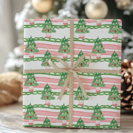 Watercolor Whimsical Striped Christmas Trees Cadeaupapier