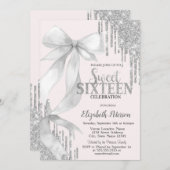 Watercolor White Bow Silver Glitter Drips Sweet 16 Kaart (Voorkant / Achterkant)