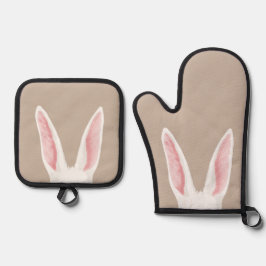 Watercolor White Bunny Ears On Beige For Easter Ovenwant & Pannenlap Set