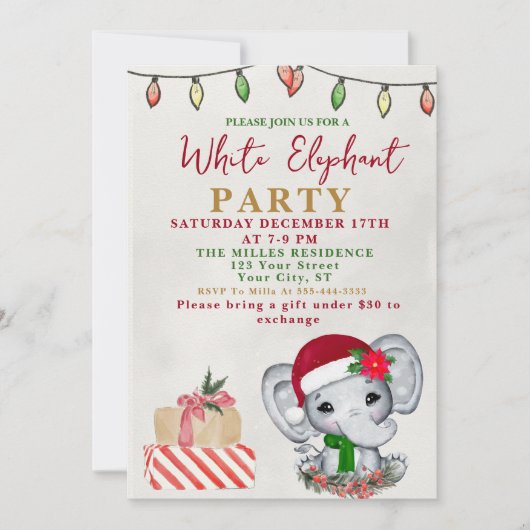 Watercolor White Elephant Gift Exchange Party Kaart (Voorkant)