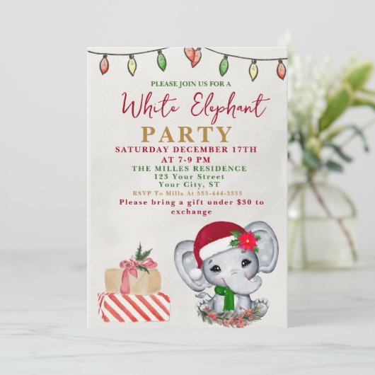 Watercolor White Elephant Gift Exchange Party Kaart (Staand voorkant)