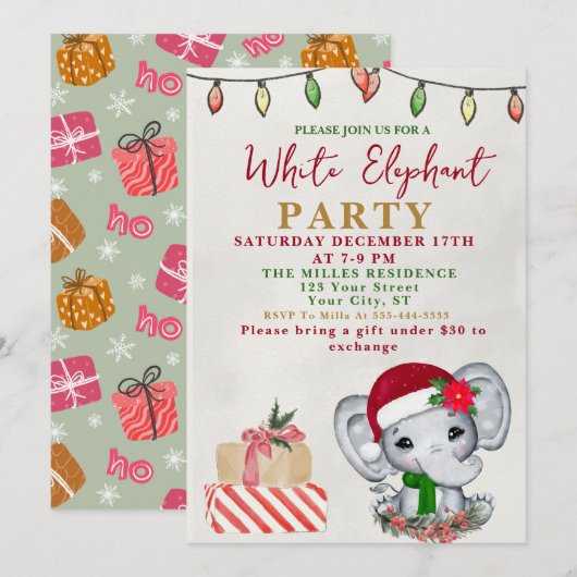 Watercolor White Elephant Gift Exchange Party Kaart (Voorkant / Achterkant)