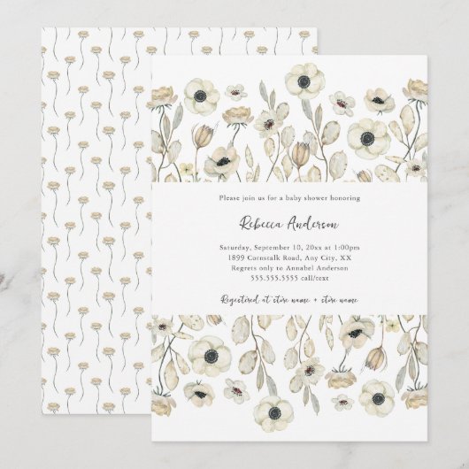 Watercolor White Floral neutral gender baby shower Kaart (Voorkant / Achterkant)