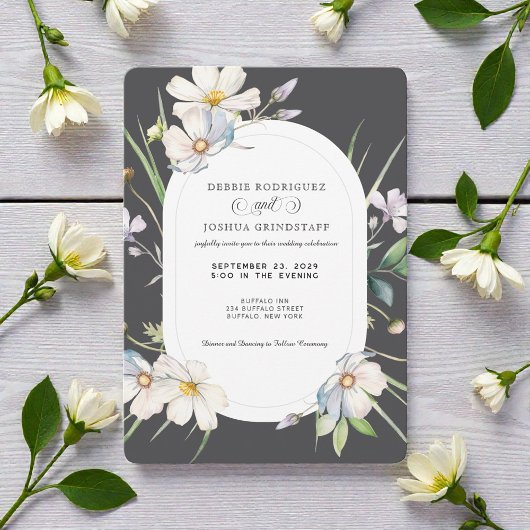 Watercolor White Floral w/Gray Wedding Invitation  Kaart