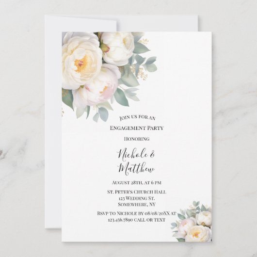 Watercolor White Peonies Engagement Party Kaart (Voorkant)