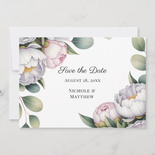 Watercolor White Peonies Wedding Save The Date (Voorkant)